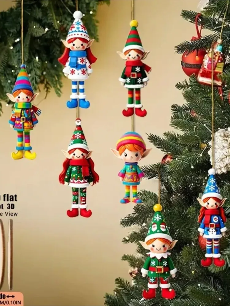 Pendentifs de noël en bois 2D, 8/16/32 pièces, ange elfe, ornement suspendu avec corde, décoration de noël pour la maison, étiquettes cadeaux DIY, 2025