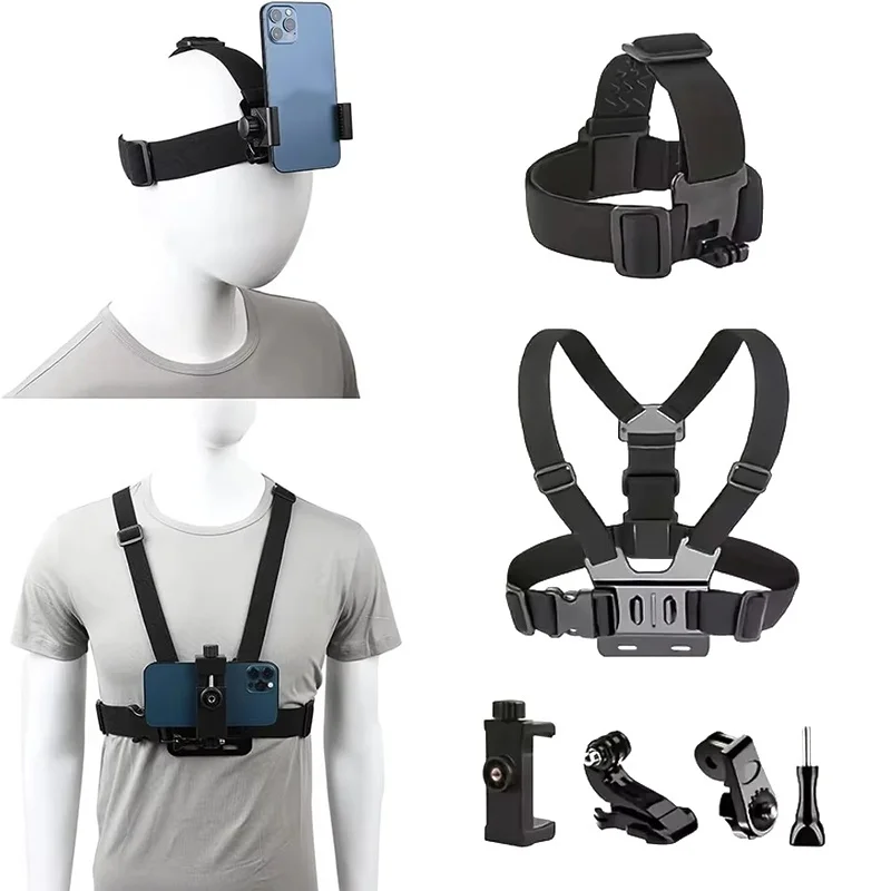 All-in-One Action Camera Accessories Kit Head Strap Chest Strap Mount Adjustable Camera Kit Chest Strap For GoPro & Mobile Phone