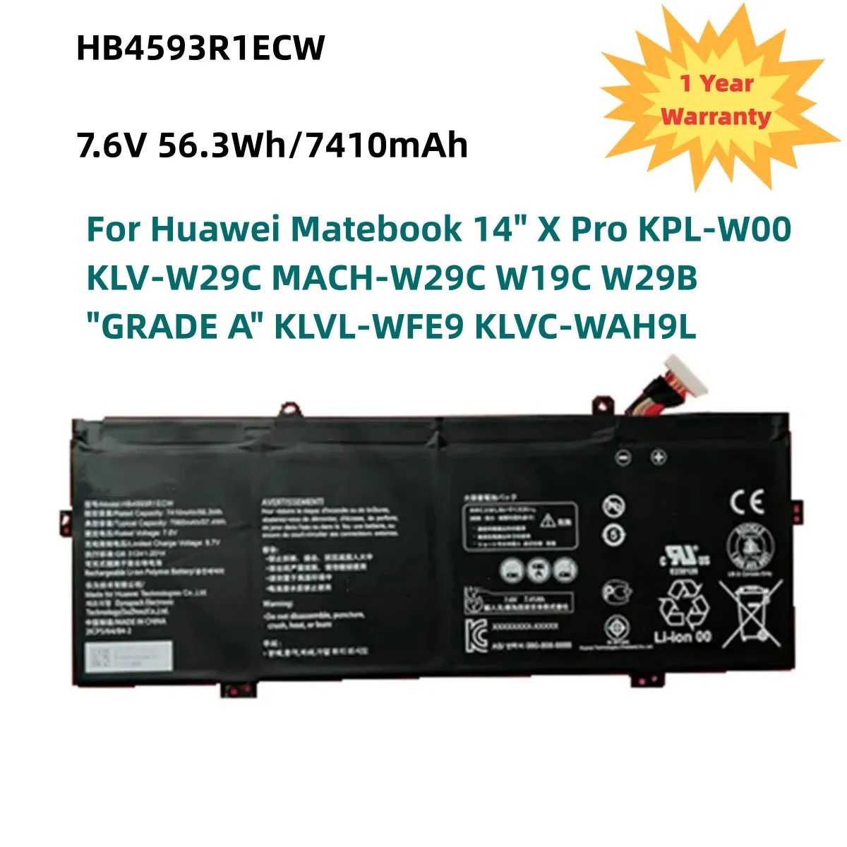 

HB4593R1ECW Battery For Huawei Matebook 14" X Pro KPL-W00 KLV-W29C MACH-W29C W19C W29B "GRADE A" KLVL-WFE9 KLVC-WAH9L 56.3Wh