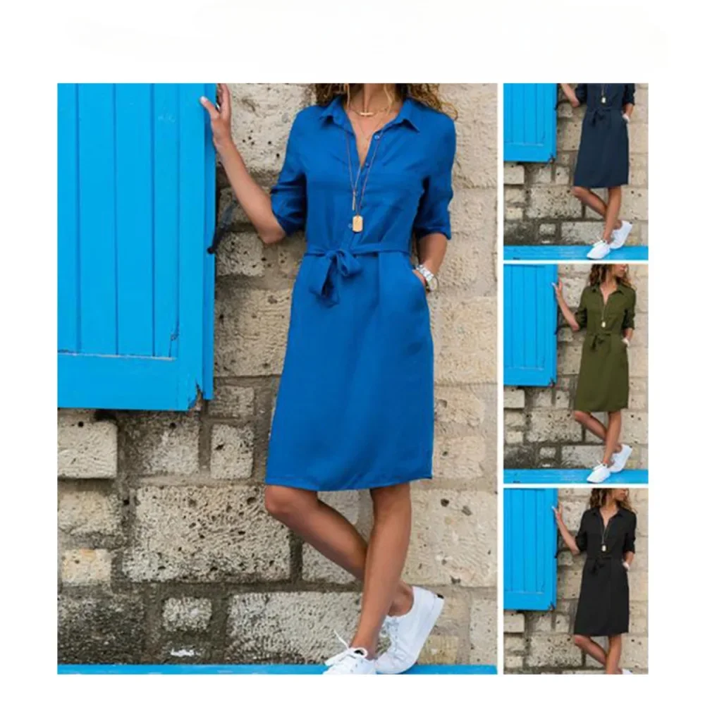 

Summer Half Sleeve Shirt Women Dress 2023 Soild Pocket Sashes Casual Straight Party Dresses Vestidos Knee-Length Gril Dress