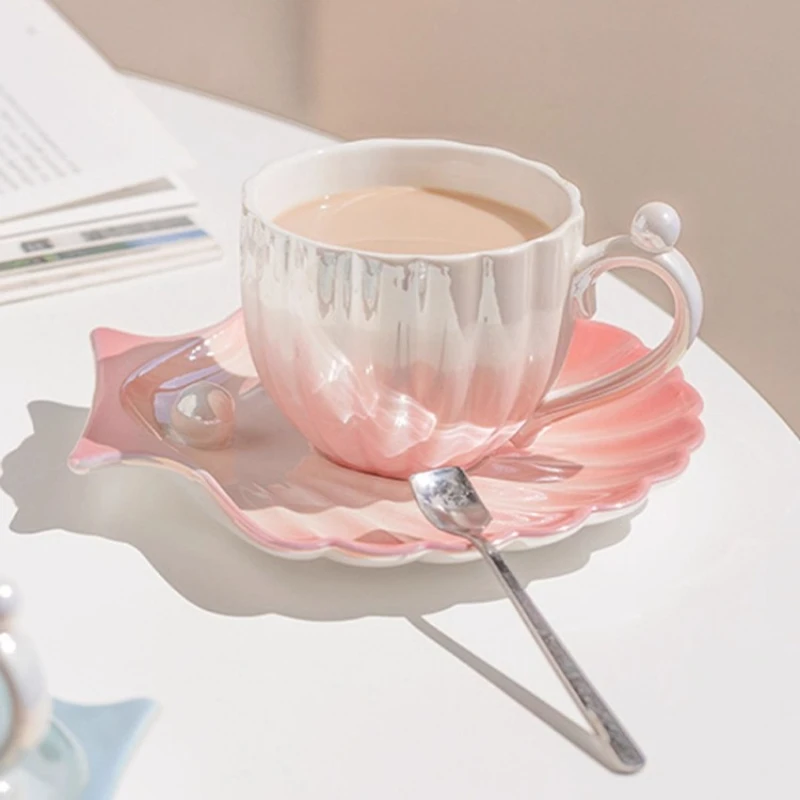 

Ceramic Shell Coffee Cup Set, Pearl Gradient High-End Cup Saucer, Home Dining Tableware, Elegant Restaurant Drinkware