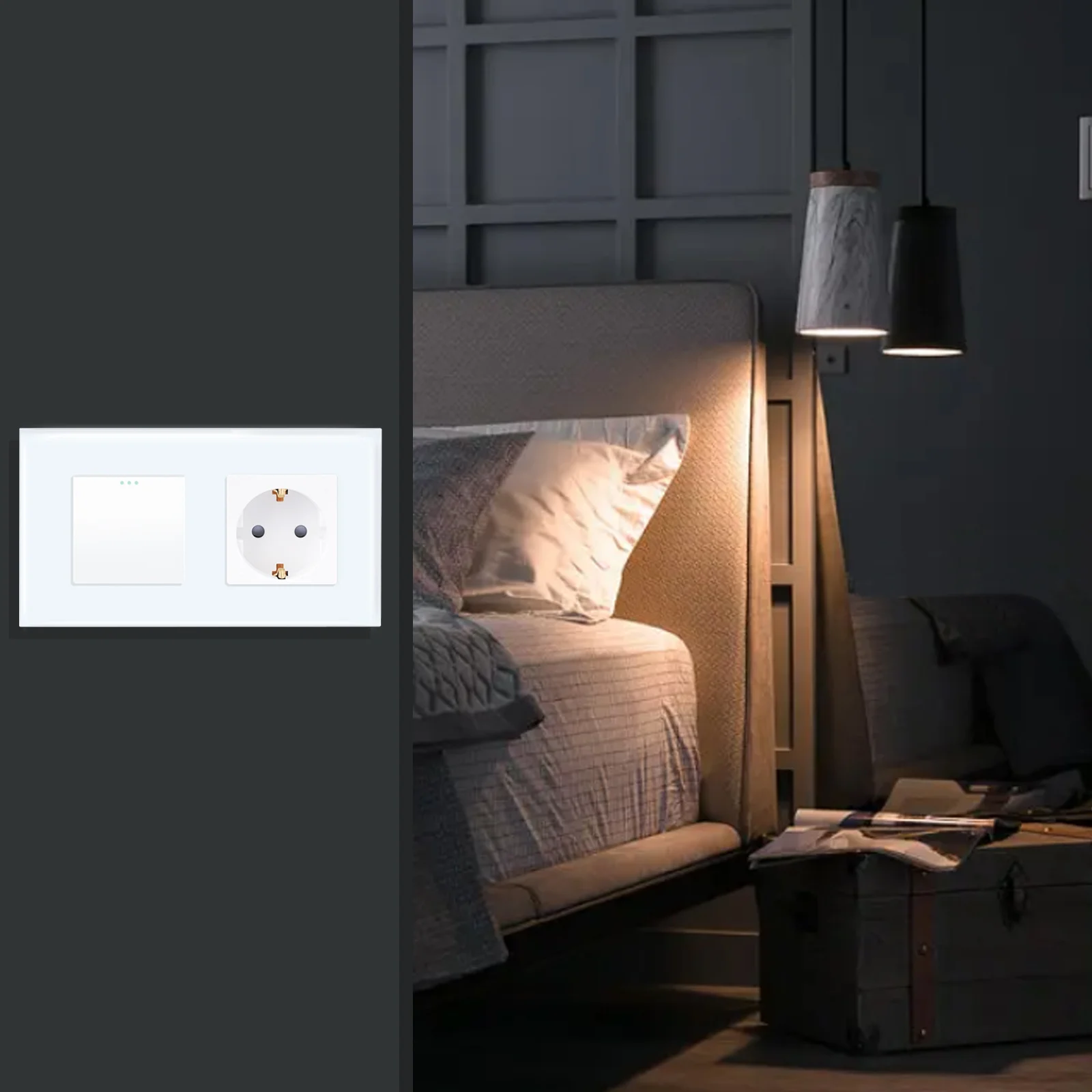 Light Switch With Socket Single 1-Way,Glass Plate Wall Switch With 16 A EU Socket,Physical Button Switch With Socket 157mm 228mm