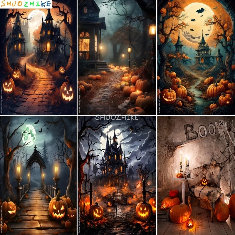 

Ghosts Jack-o'-Lantern Halloween Day Photography Backdrops Castle Demon Horror Pumpkins Moon Hallows-Eve Background KB-14