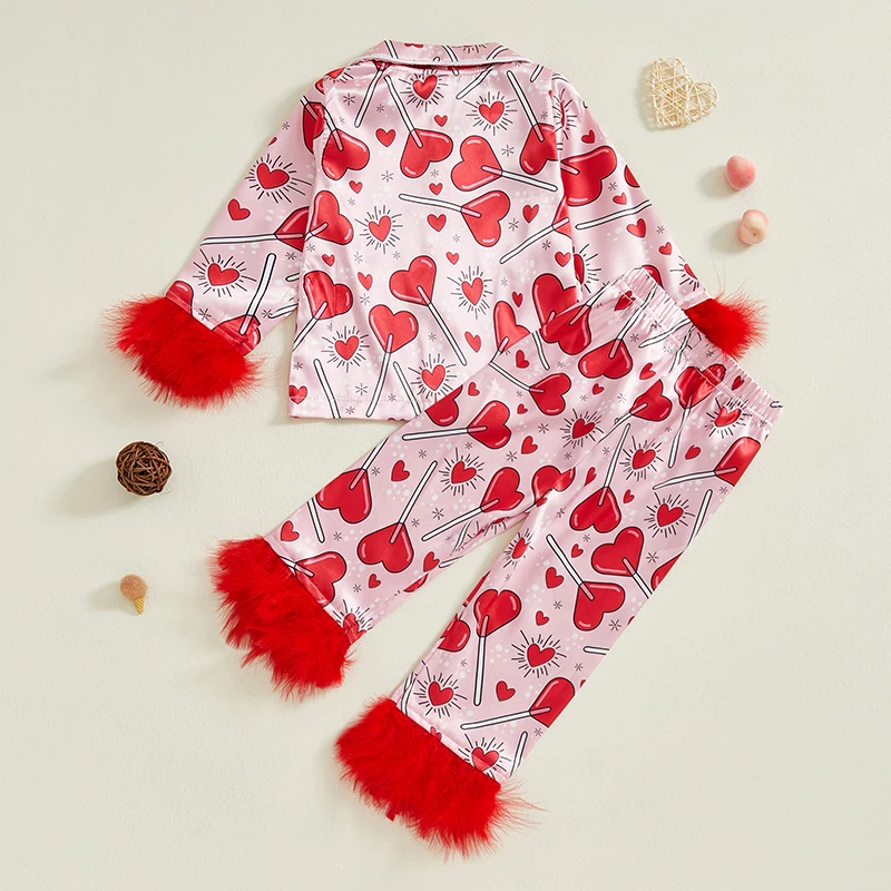 Conjunto de pijamas para el Día de San Valentín para niñas, camisas de manga larga con estampado de corazón, Tops, pantalones largos, traje de salón de 2 piezas, ropa de dormir