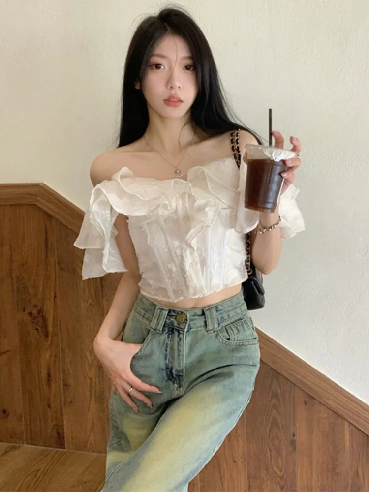 Sweet Blouse for Women Slash Neck Off Shoulder Shirts Crop Tops Chic Irregular Ruffles Summer Blouses 2024 Blusas Mujer De Moda