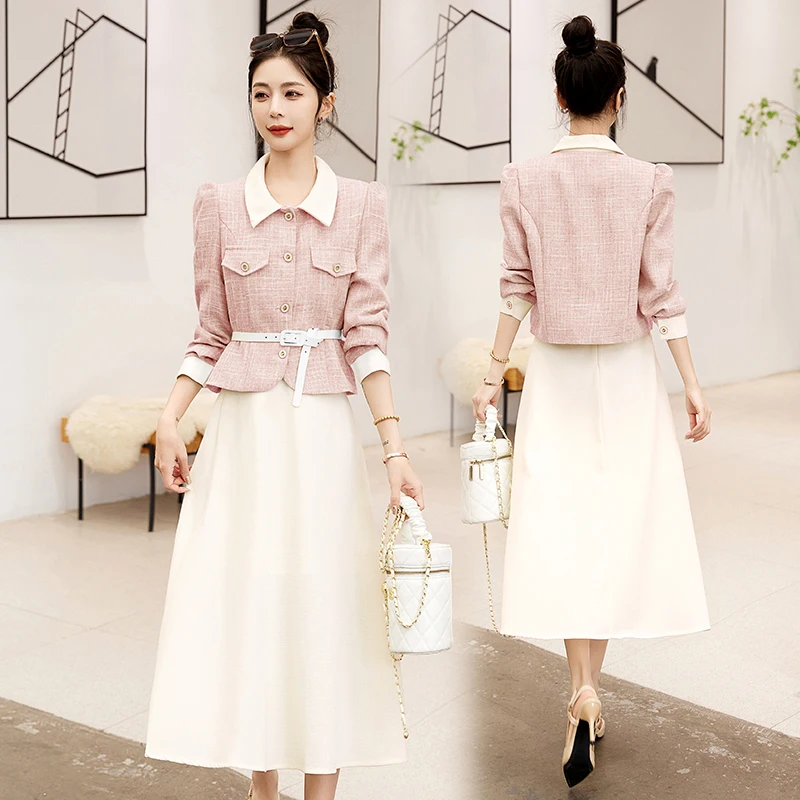 Korean Sweety 2pcs Sets Girls Short Blazer Coat Belt Jackets +Mid A-Line Skirt Suits Women Outfits Casual Office Lady Work