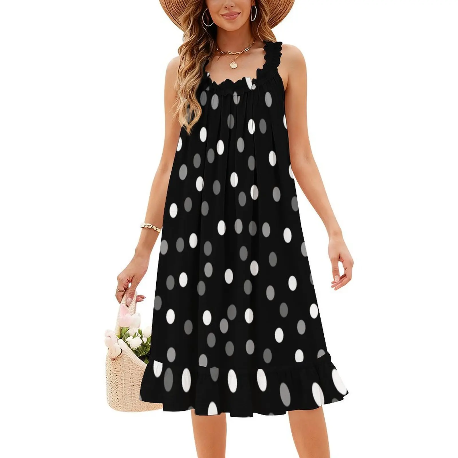 فستان حفلات نسائي أسود مع نقاط ملابس الشارع الشهير ملابس نادي مطبوعة عصرية للنساء فساتين حفلات باللون الأسود والنقاط الداكنة والرمادي والأبيض #4