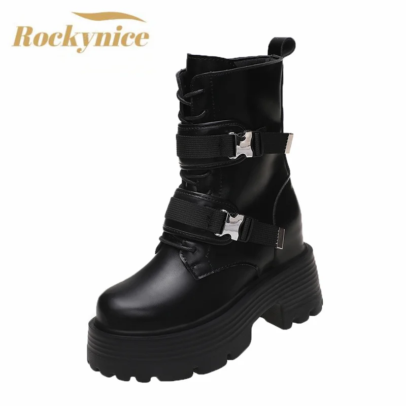 

Winter High Platform Leather Boots 8CM Wedges Buckle Ankle Boots Women 2022 Female Punk Style High Heels Motorcycle Shoes Woman