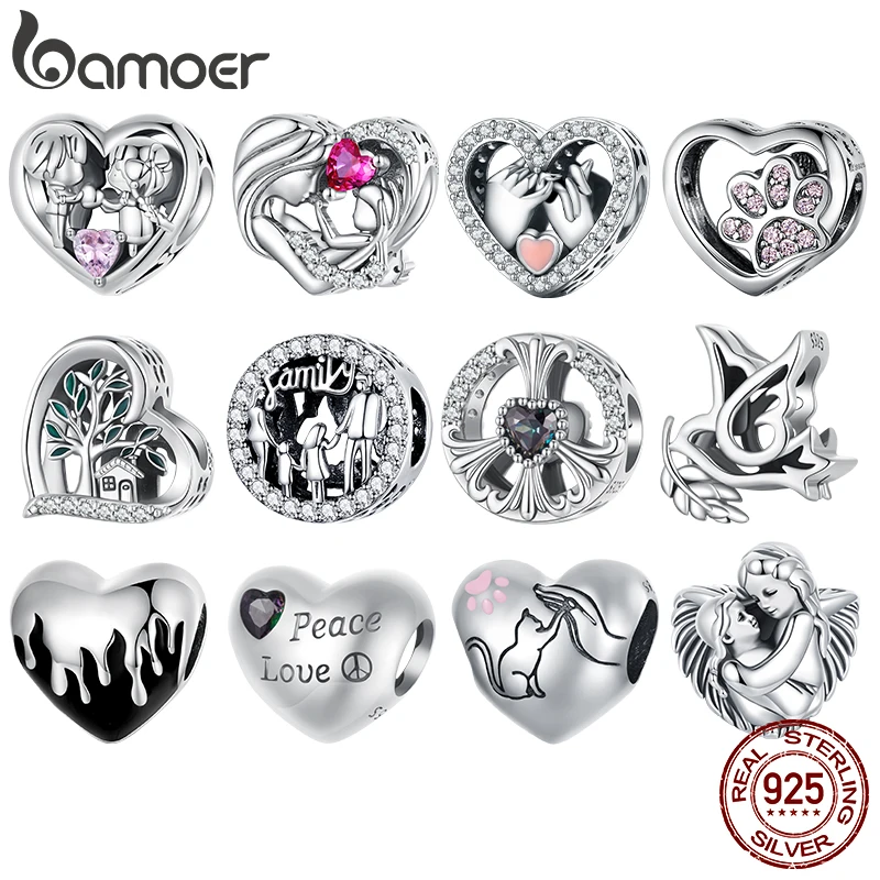 Bamoer Original 925 Sterling Silver Heart Dove Charm Love Beads Warmth  Safety Chain Pet Family Sweet For Women DIY Fine Jewelry