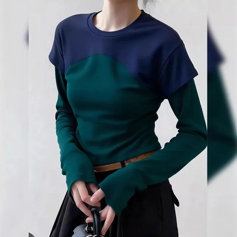 نسخة وهمية قطعتين المتناقضة اللون الربط قاع قميص طويل الأكمام تي شيرت المرأة الخريف الشتاء جديد تنوعا