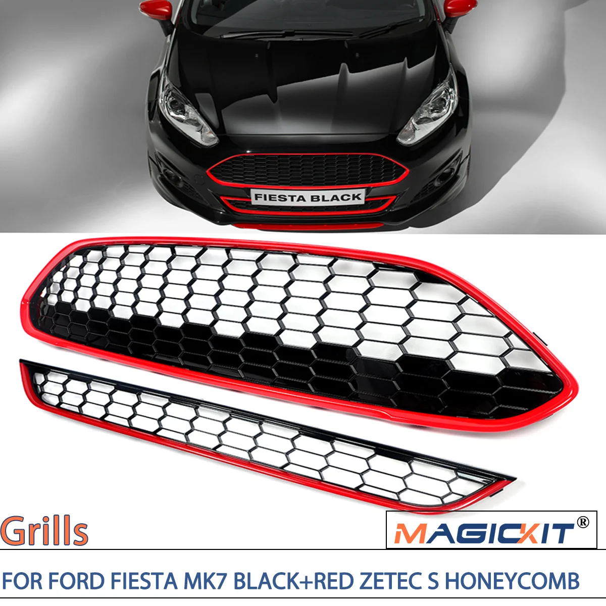 MAGICKIT Upper Front Top Main Bumper Grille + Lower Grilles CAR Accessories For all Ford Fiesta MK7 Facelift 2013-2017 (mk7.5)