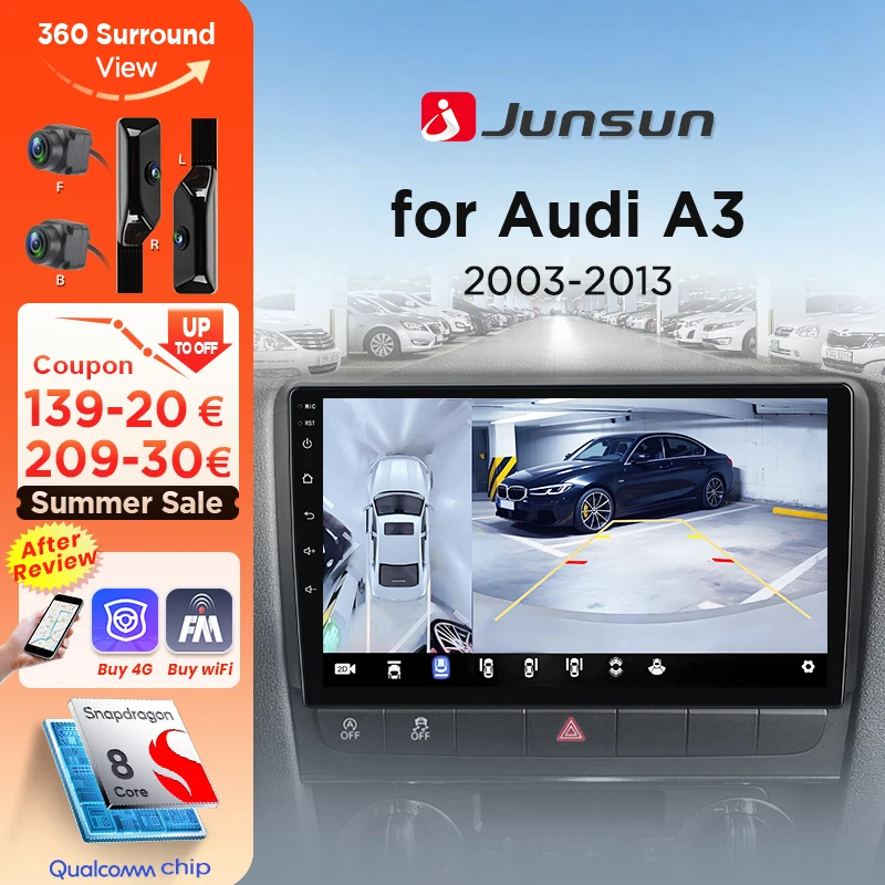 Junsun autoradio sans fil CarPlay Android Auto pour Audi A3 8P 2003 2004 - 2013 GPS multimédia 2 systèmes din stéréo Navi 4G SWC