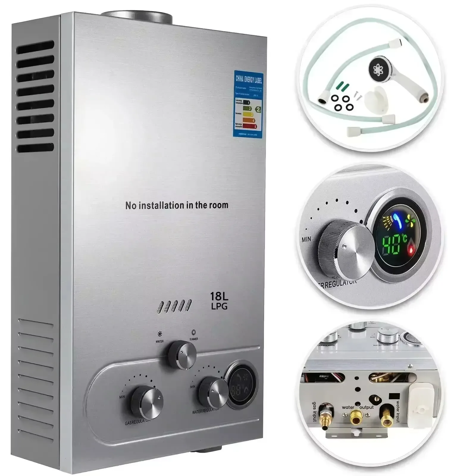 LPG Gas Hot Water Heater |Sihao LPG Gas Hot Water Heater 6L-18L Tankless Instant Butane Propane Gas Boiler With Shower Kit LCD Display For Home Camping ﻿