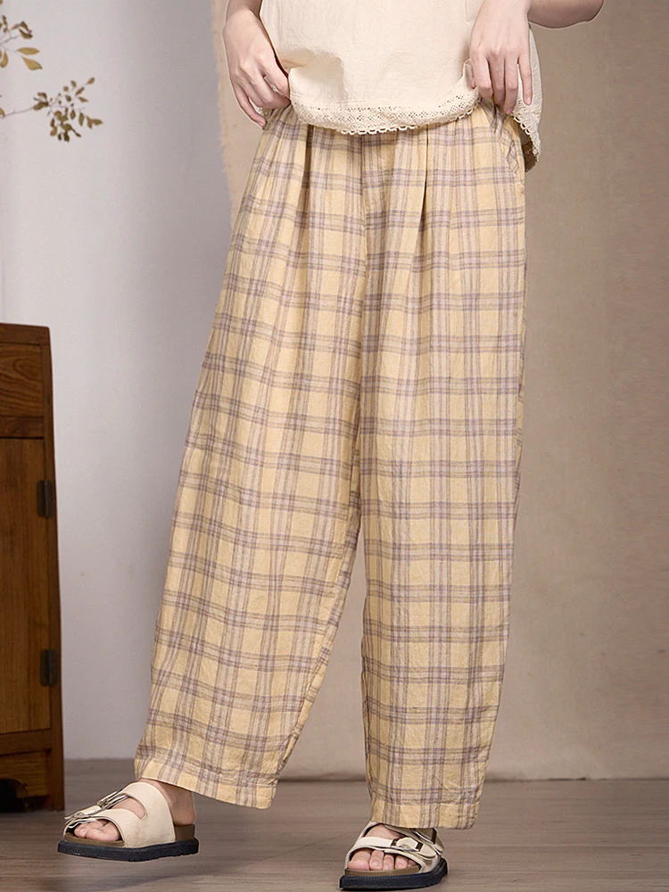 

Брюки-баллоны Gujia 00 Colors из тканого льна, дышащие, в клетку, свободные, художественные, повседневные, длинные, для женщин