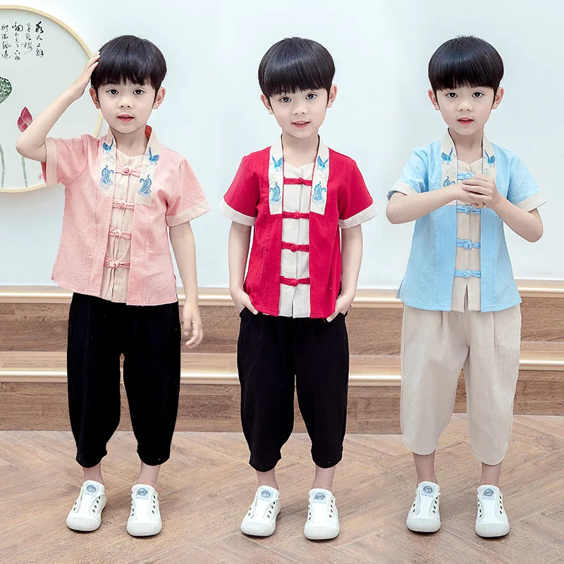 New Cotton Chinese Style Traditional Hanfu Boys Retro Red Vintage Button Embroidery Tang Suit Two Piece Set Role Play Costume