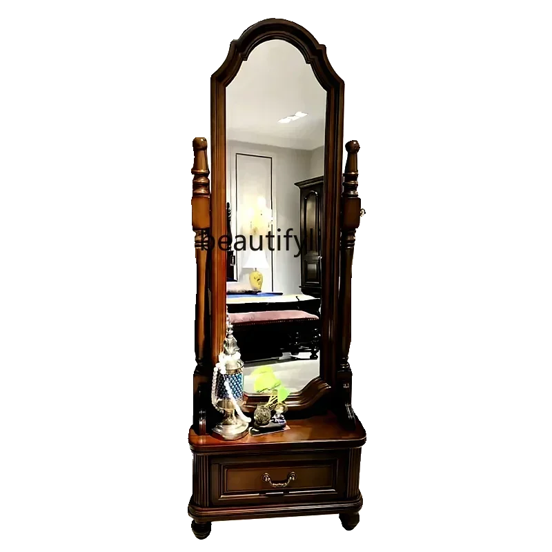 

American solid wood full-length mirror European style, bedroom retro floor mirror rotatable, explosion-proof makeup mirror