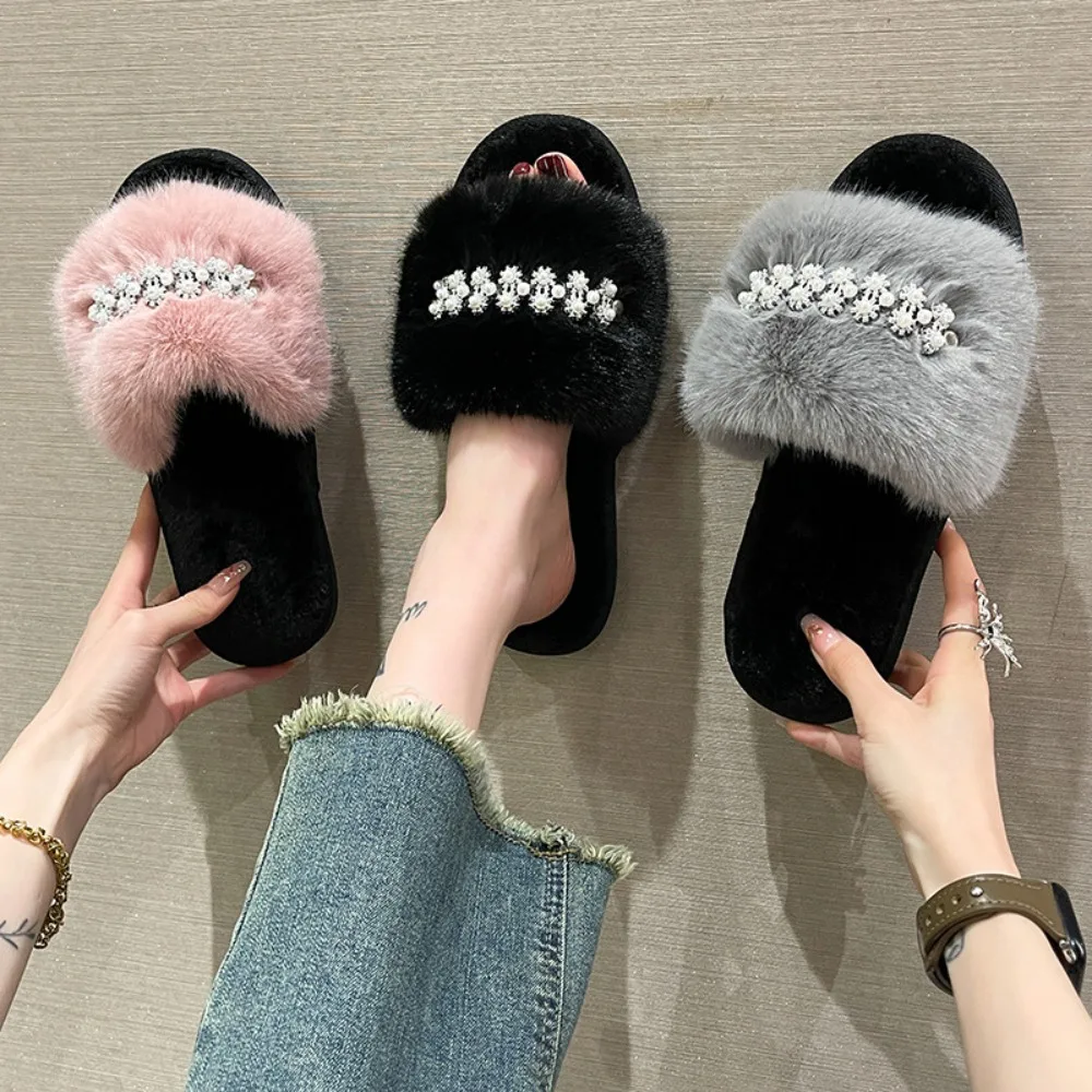 Winter Fluffy Fur Slippers Women Flip Flops Luxury Pearl Chain Faux Fur Slides Flat House Floor Slipper Ladies Light Casual Shoe