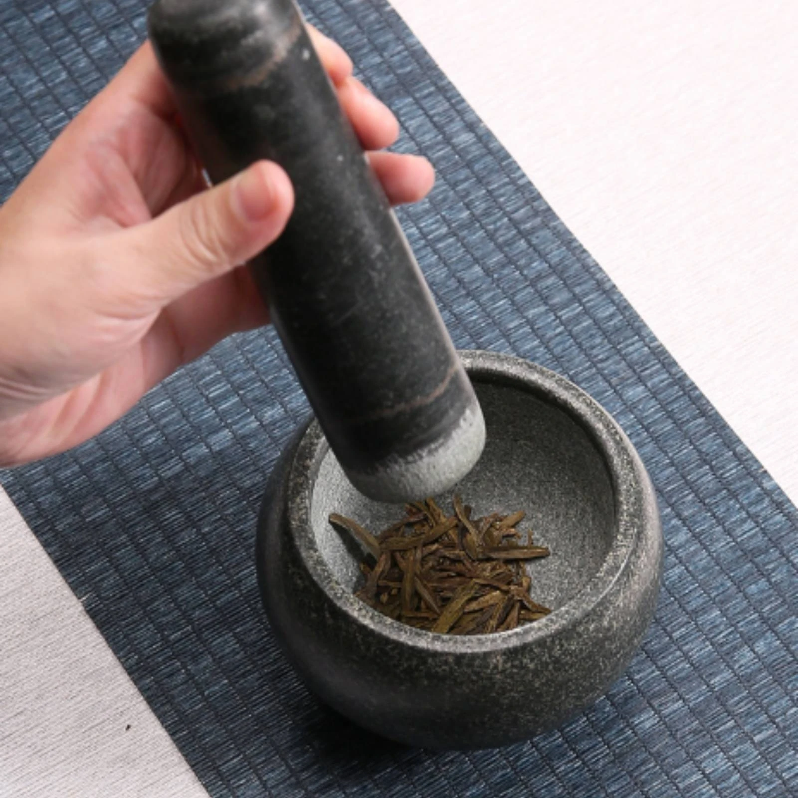 Chinese-Style Stone Mortar with Pestle Small Blue Stone Mortar with Pestle Kitchen Tool Manual Compact for Tea Enthusiasts