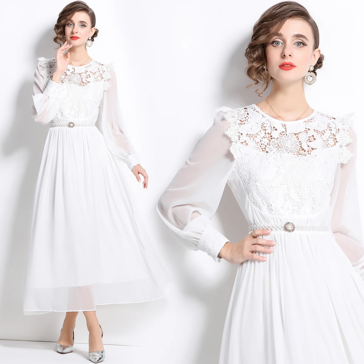 

2024 New Lace Splicing Large Swing Chiffon Dress with Belt Evening Dresses Office Lady White Dress For Women