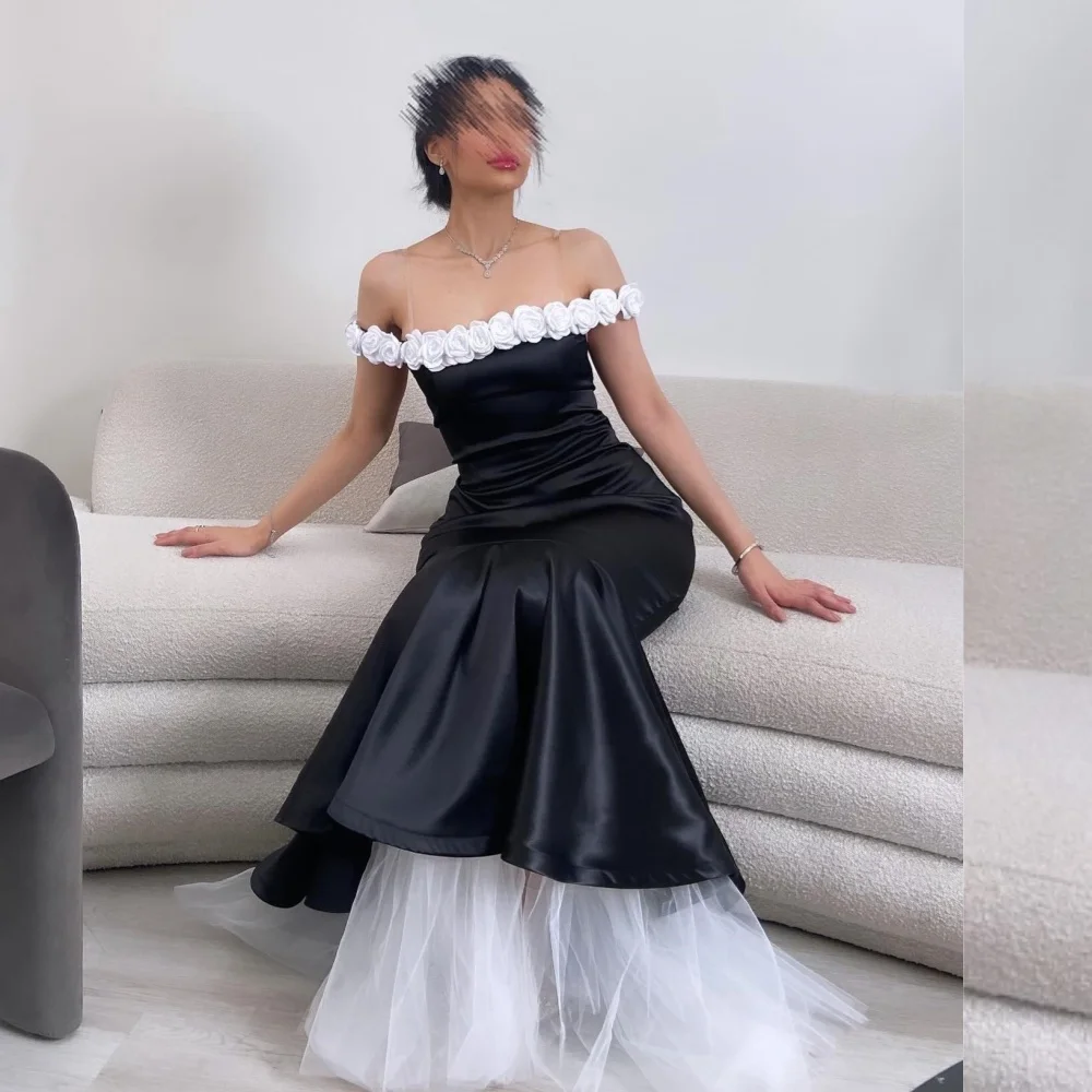 Ballkleid Satin Blume drapiert Falten Geburtstag Meerjungfrau schulter frei maßge schneiderte Anlass Kleid lange Kleider Abend Saudi-Arabien