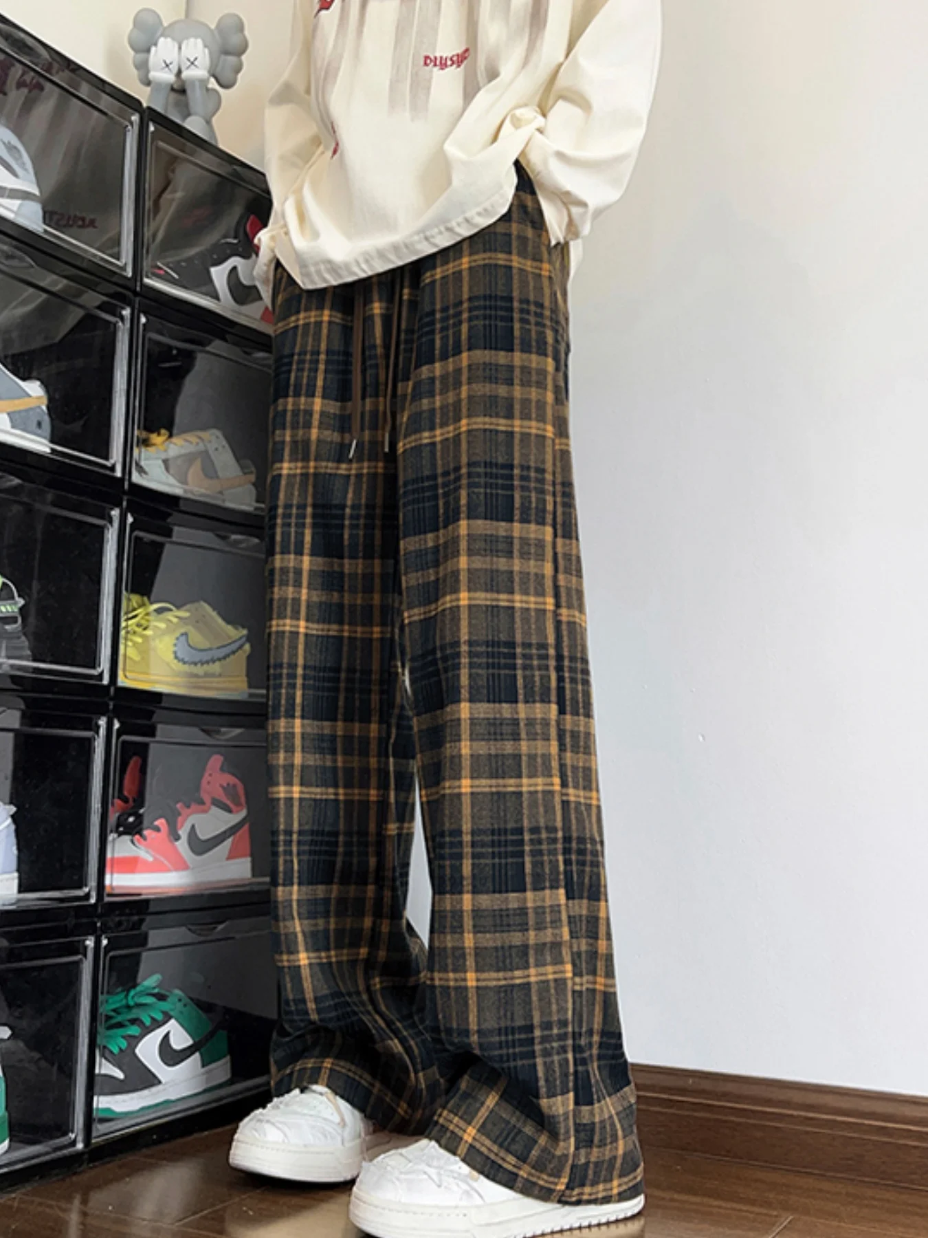 Lazy Design Koreaanse stijl herfst en winter nieuwe fleece gevoerde dikke geruite broek voor dames, losse casual veelzijdige afslankende warme fleece gevoerde wijde broek met hoge taille voor dames