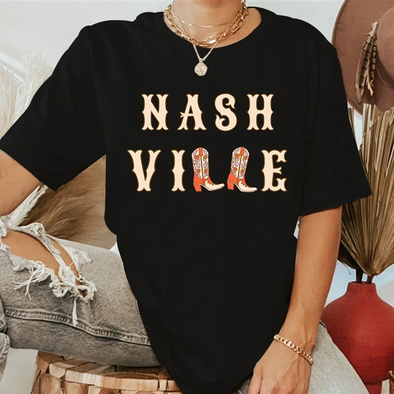 Nashville Cowgirl Boots Women T-Shirt Cotton Vintage Western Shirt Summer Short Sleeve Tee Top Women Country Concert Tshirt