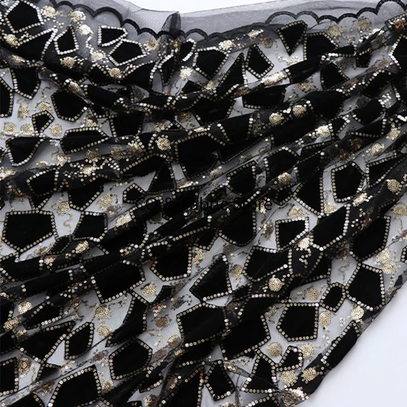 Black High-Density Mesh Fabric Flannel Beads Geometric Embroidered Fabric Micro-Elastic Skirt Clothig Dress Handmade DIY Fabric
