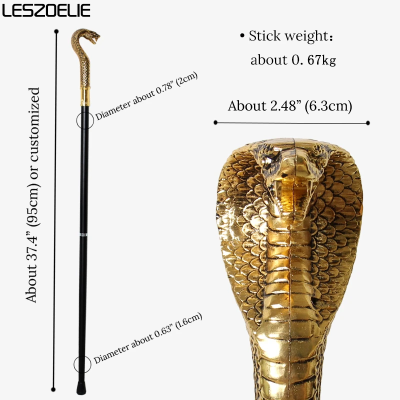 عصا المشي برأس كوبرا باللونين الذهبي والأسود للرجال، عصا زخرفية أنيقة عتيقة للنساء، إكسسوار فاخر للهالوين #3