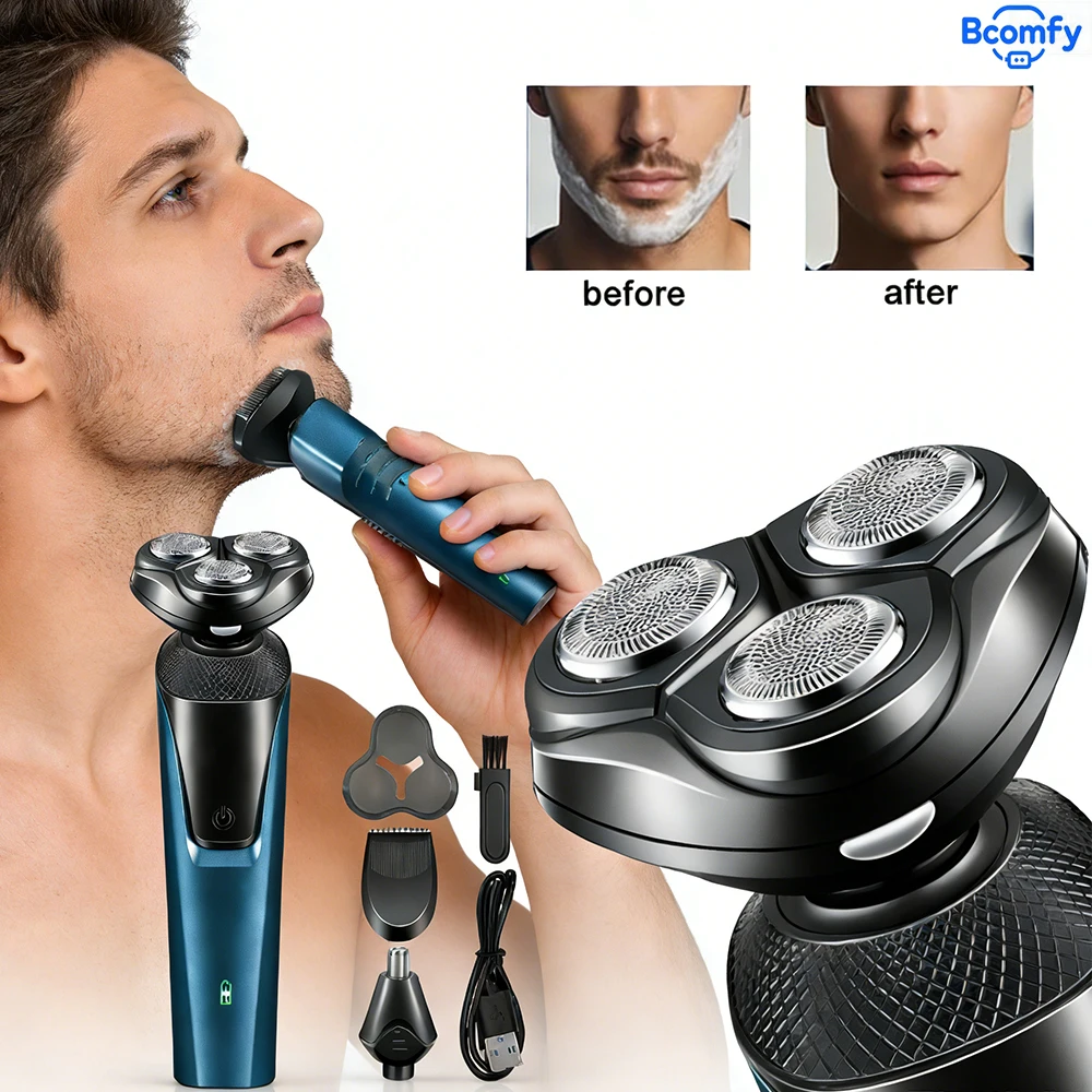 Electrical Rotary Shaver for Men Rechargeable Washable Beard Shaver 3-in-1 Electric Shaver Hair Clipper Nose Hair Trimmer