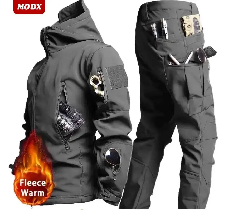 Winter Fleece Soft Shell Taktische Set Männer Multi Tasche Verdicken Jacke + Warme Lange Hosen 2-stück Winddicht Tragen beständig Arbeits Anzug