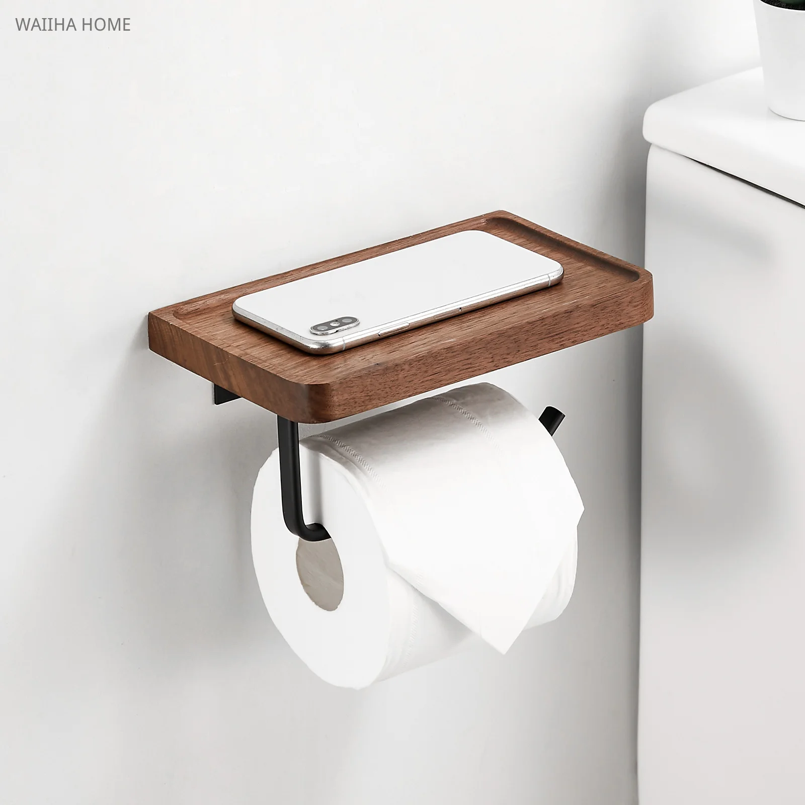 

Wooden Paper Holder Black Toilet Roll Paper Storage Rack Bathroom Accessories With Mobile Phone Storage Rack