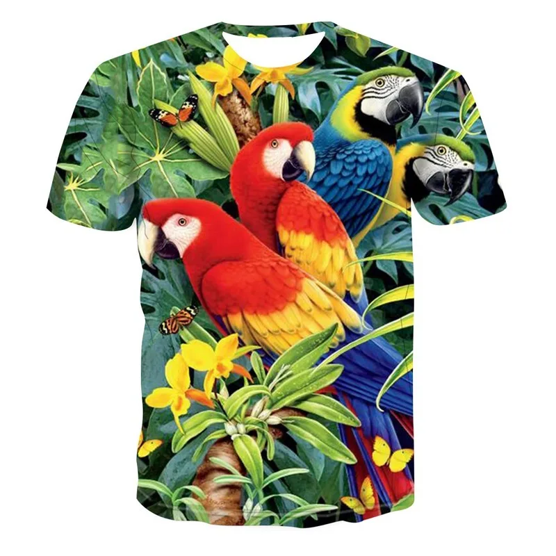Beautiful Parrot Print Summer Short Sleeve Shirt Men's Children's T-shirt Fashion 3d Bird Pattern