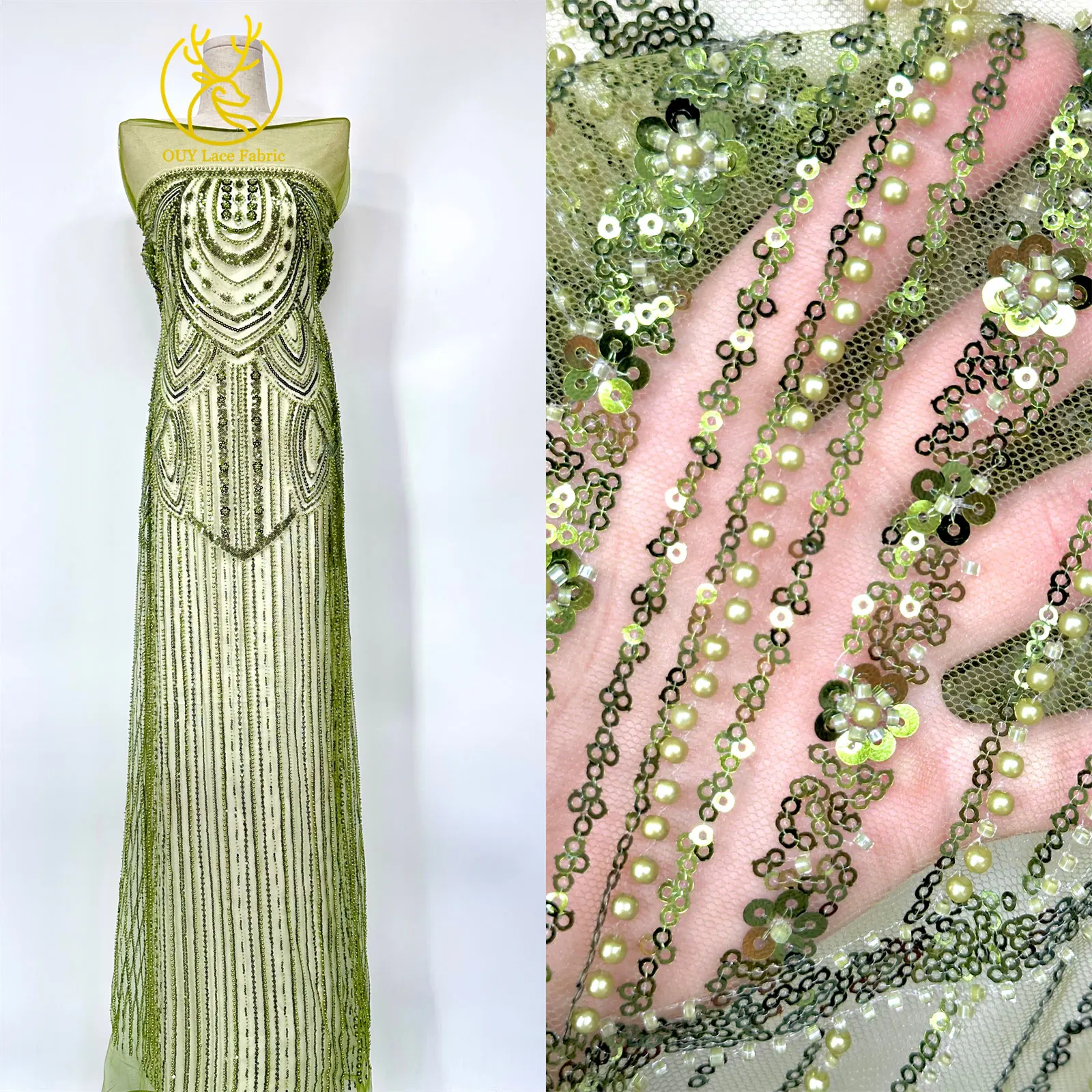 Green African Beaded Lace Fabric 2026 High-Quality French Nigerian Sequined Lace Fabric Party Dress Sewing Material 5 Yards