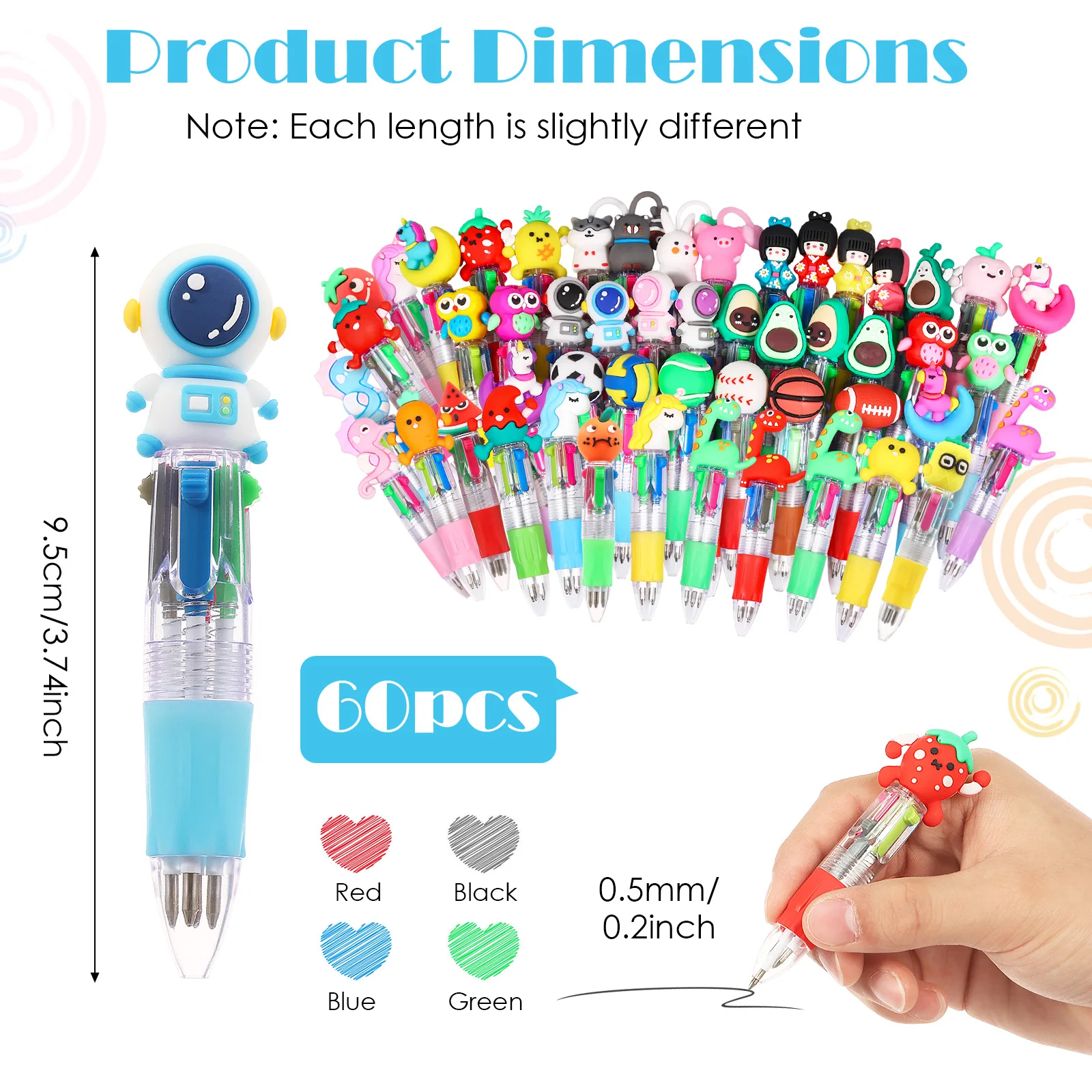 60Pcs Cute Cartoon Head 4 Color Pen Mini Ballpoint Pen Kawaii Retractable Multicolor Pens Stationery Gift School Office Supplies