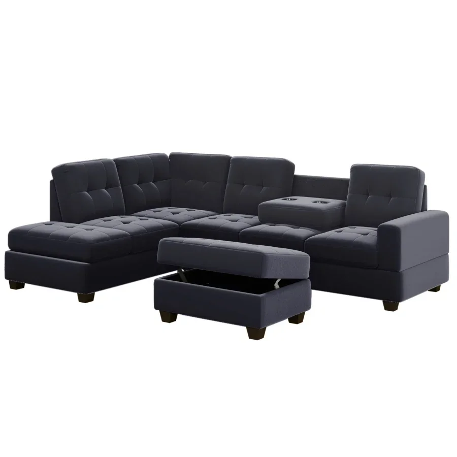 

Modern Sectional Sofa with Reversible Chaise, L Shaped Couch Set with Storage Ottoman and Two Cup Holders for Living Room