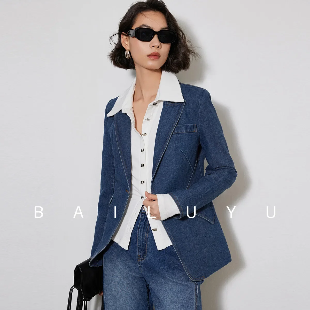 LOUIS YAO Women Denim Coat 2024 Spring Autumn Retro Style One Button Jacket Elegant Fashion Turn Down Collar Long Sleeve Coat