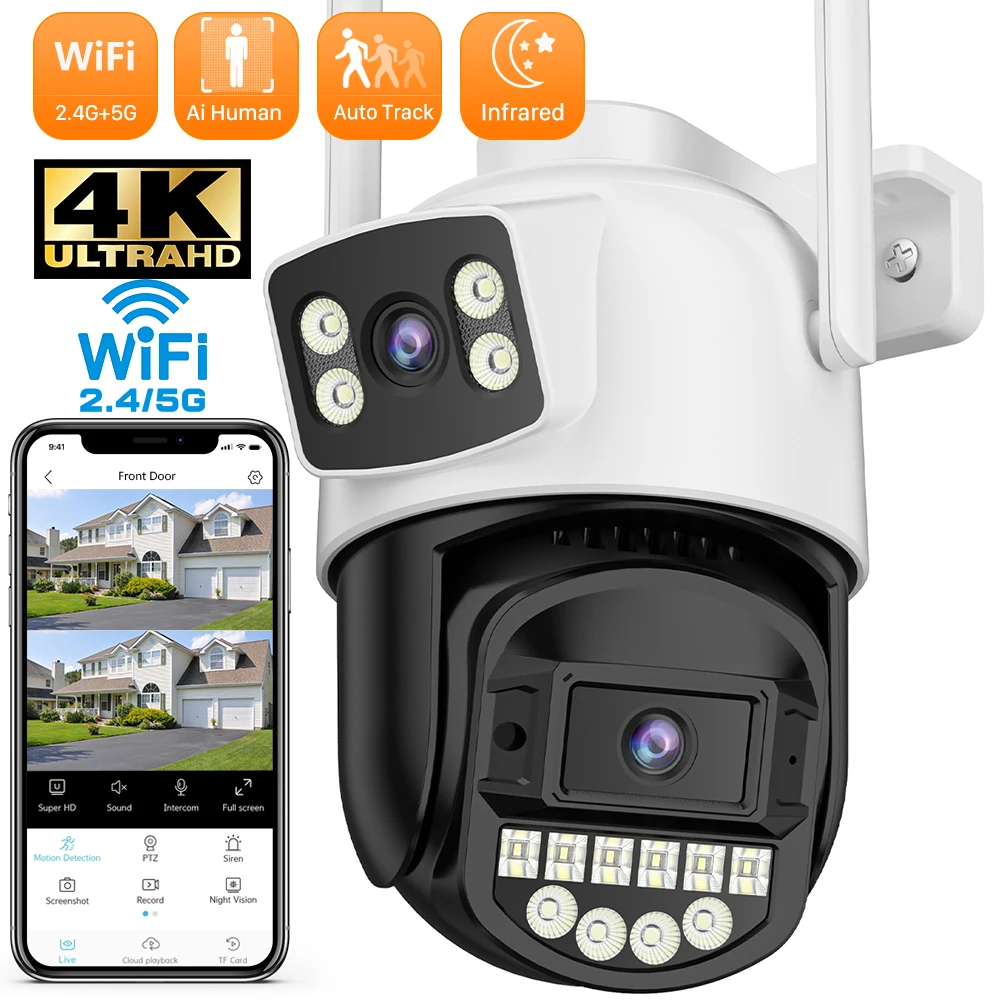 

8MP 2.4G+5G Wifi Surveillance Camera Dual Lens Dual Screen Ai Human Detect Auto Tracking Support Onvif 4K 10MP Outdoor Camera