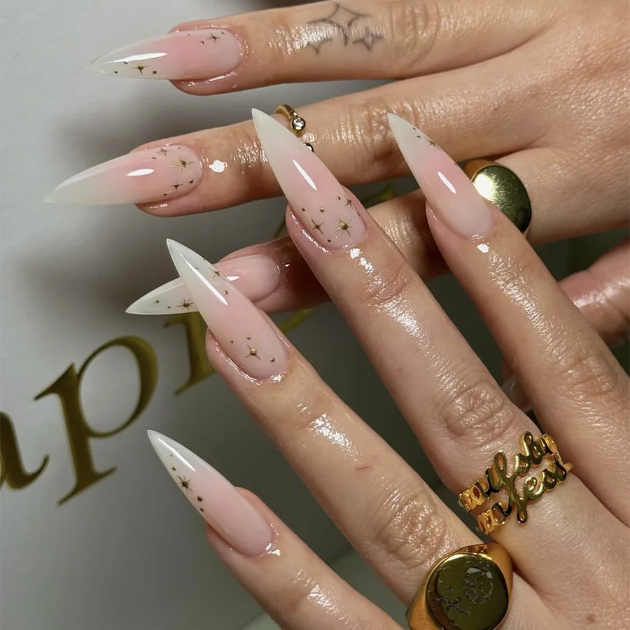 

24Pcs French Stars Stick-on Nails Long Pointed Nail Tips Art Full Cover Blush Gradient Simple Wearable Acrylic False Nails Set