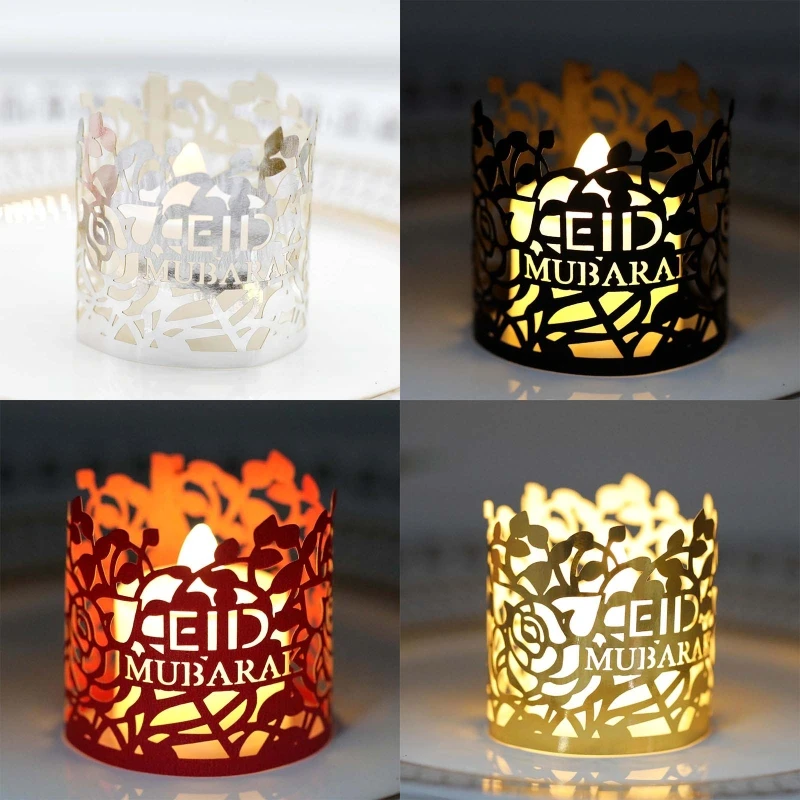 2024 50pcs Hollow Electronic Candle Lampshade Flameless Tea Light Votive Wraps Rose Eid Mubarak Decorative Ramadan Lamp Shade