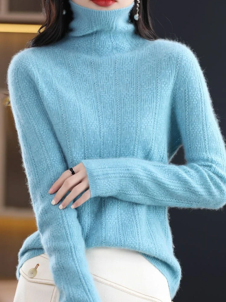 

2023 Autumn Winter New Pure Woolen Sweater Female Turtleneck Short Slim-fit Pullover Sweater Jacquard Hollowed Out Knitted Trend