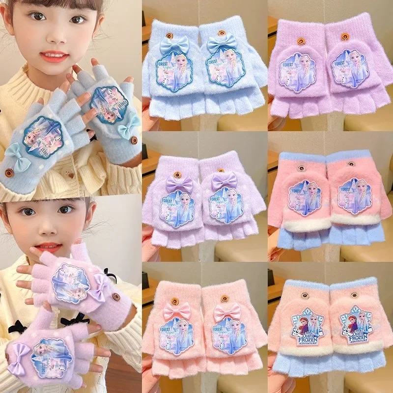 Frozen Elsa Cartoon Cute Embroidery Print Creative Half Finger Flip Girls Winter Warm Windproof Gloves Children's Holiday Gift