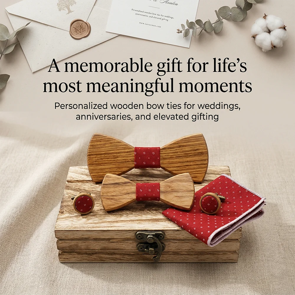 Adjustable Wooden Bow Tie for Men Red Pocket Natural Wood Bowtie Wedding Party Bowtie Set Cufflinks Red Pocket Square Groom Gift