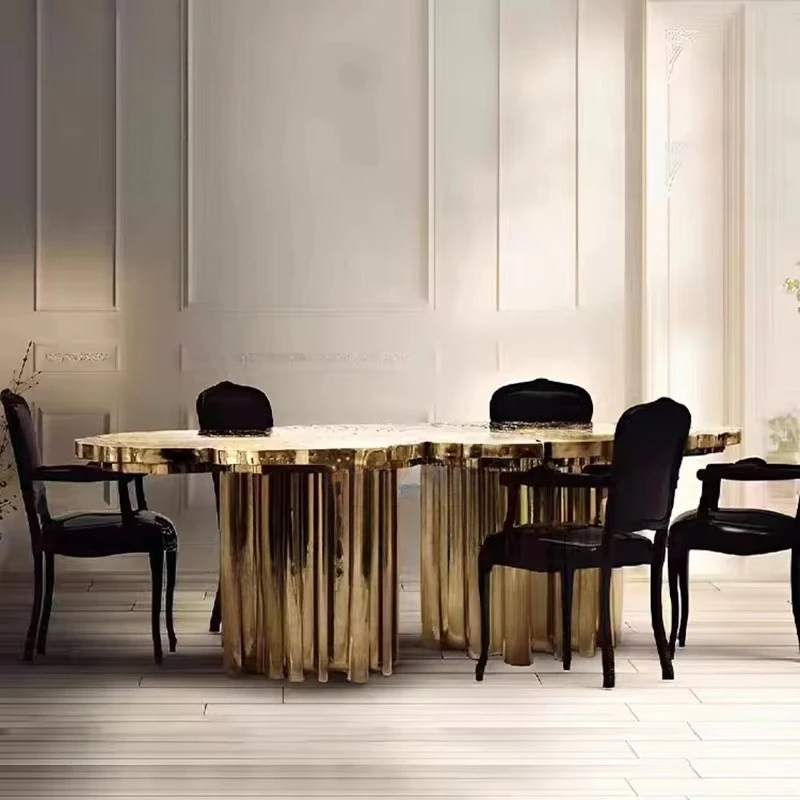 Italian Style Modern Luxury High End Gold Stainless Steel Dining Table Set for Villa Hotel & Kitchen Use