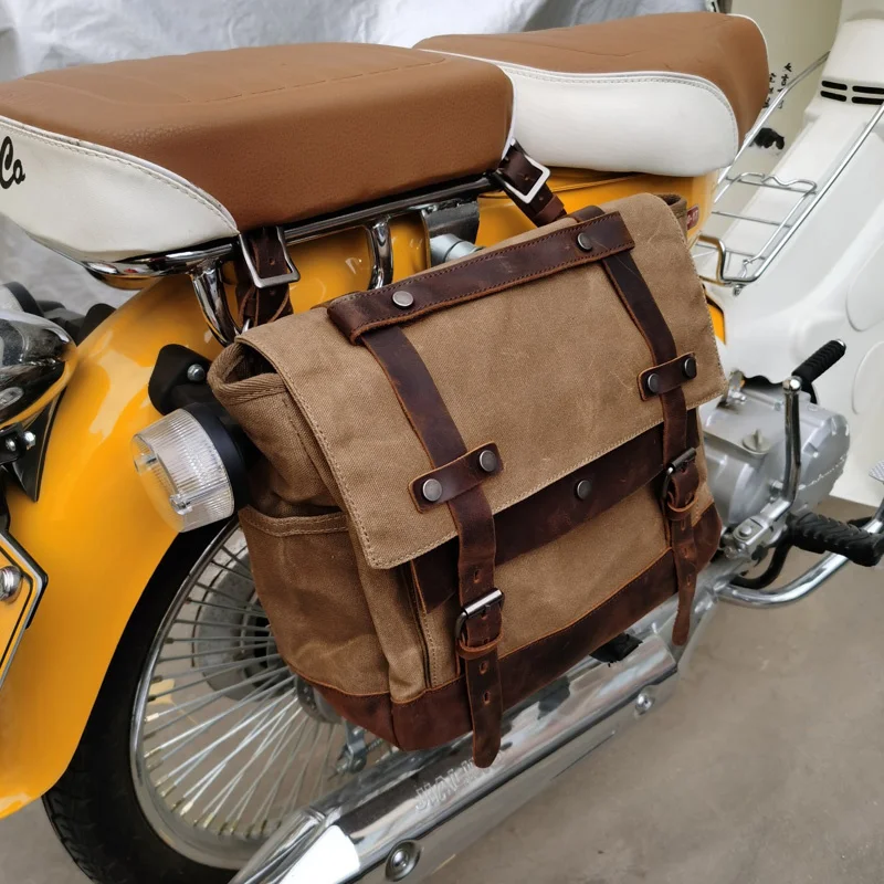 

Motorcycle side bag universal waterproof wax canvas locomotive travel camel