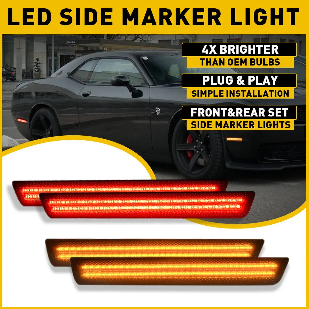 

For Dodge Challenger 2015-2023 Car Accsesories Smoked Lens Front Rear Bumper LED Side Marker Light Amber&Red Lamp Plug and Play