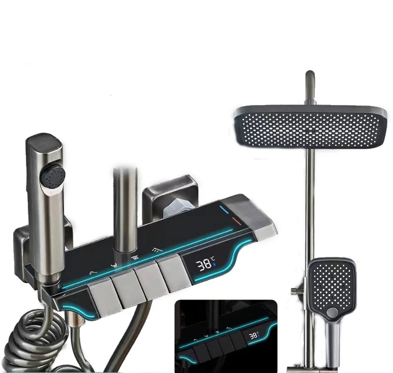 

New LED Digital Display 4 Functions Shower Set Faucet Rainfall Bathroom Shower Set Luxury Piano Button Bath Shower Faucet System