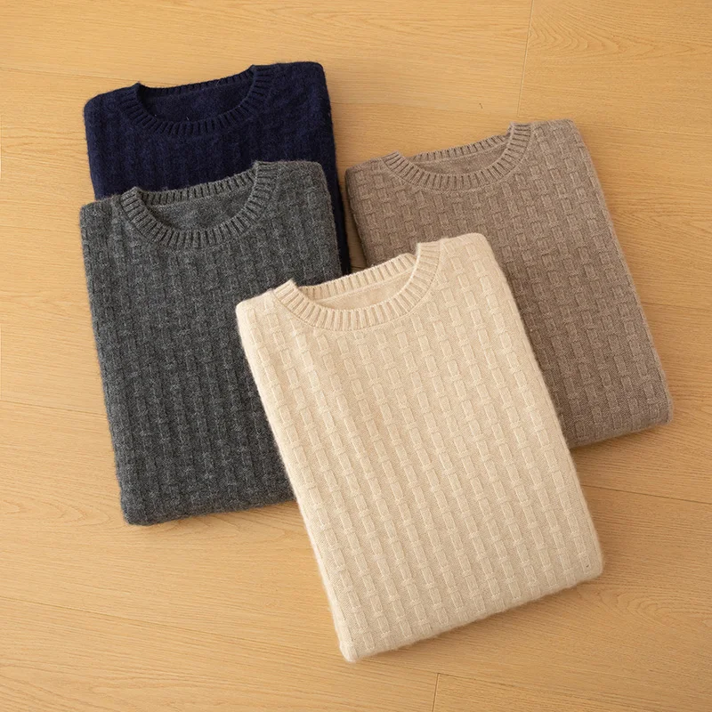 

Мужской свитер из 100% кашемира, повседневный вязаный пуловер с круглым вырезом, модный уличный стиль, свободный крой.