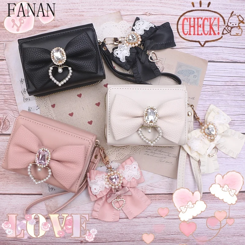 

Кошельки большой емкости для женщин, японский кошелек ручной работы, милая кружевная отделка, стразы, бант, кулон, сумки в стиле Лолиты для девочек