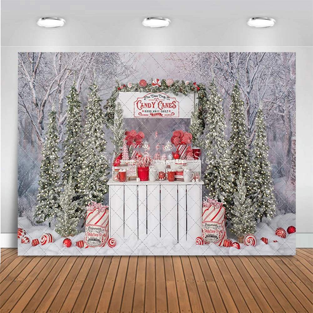 Mrs Claus Candy Station Photo Background Winter Christmas Photography Backdrop Sparkling Xmas Tree Cake Smash Photo Studio Props