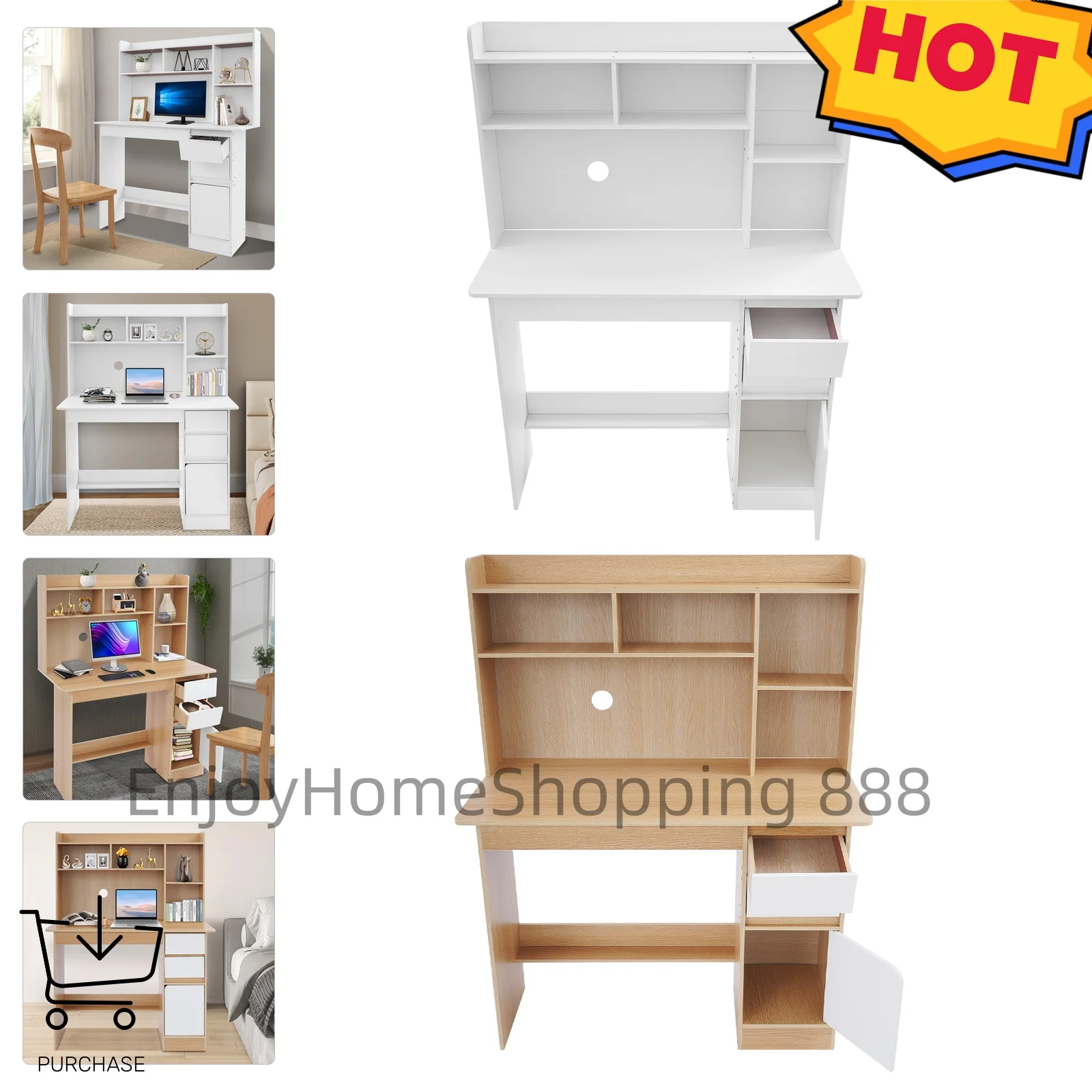 100cm Warm White/Oak Study Desk with Bookshelf & Storage Modern Design, Drawers & Cabinet, Easy Assembly for Home Office